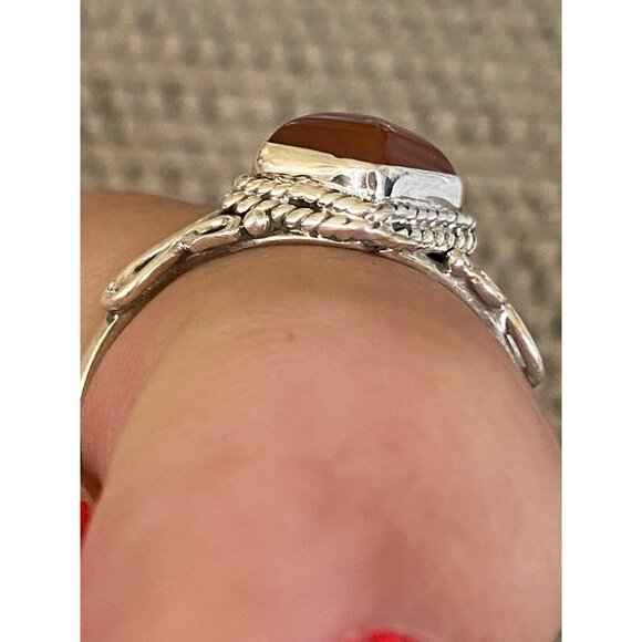 Ring Size 8 Red Orange Carnelian Diamond Cabochon Smooth Sterling Silver 925 Wom - Picture 5 of 8
